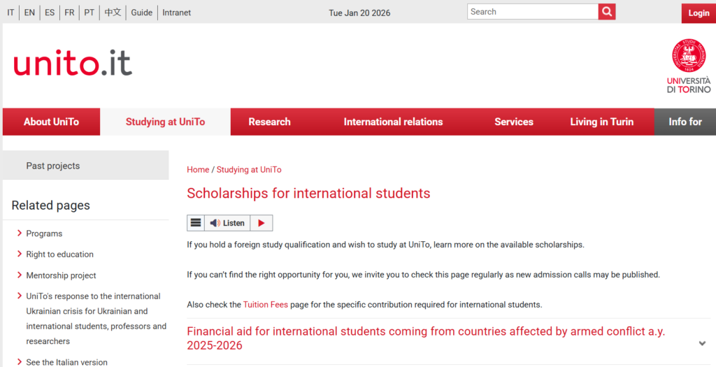 University of Turin Scholarship